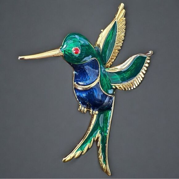 Vibrant Hummingbird Enamel Brooch – Green & Blue with Gold-Tone Accents - Picture 3 of 15